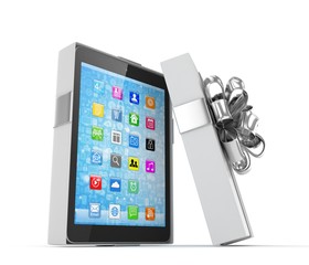 Tablet in white gift box with silver bow and ribbons on white. 3D rendering.