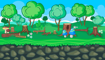 Seamless summer felling landscape with logs and young trees for game design