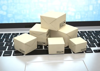 Technology business concept, shipping: cardboard package boxes on laptop. 3d rendering.