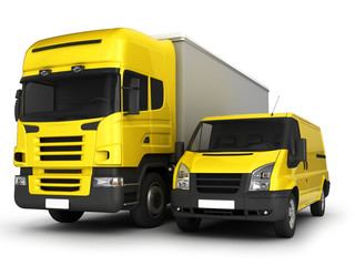 Yellow delivery van and truck on a white background.3D illustrat