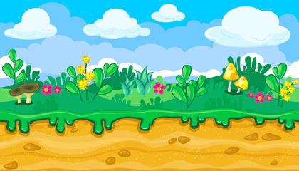 Seamless summer meadow landscape with brown and yellow mushrooms for game design