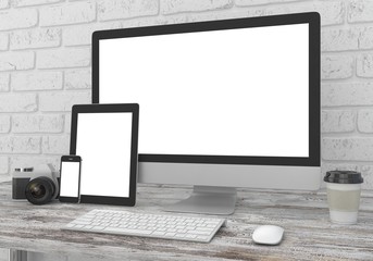 Fototapeta premium Responsive mockup screen. Monitor, tablet, phone on table in office. 3d rendering.