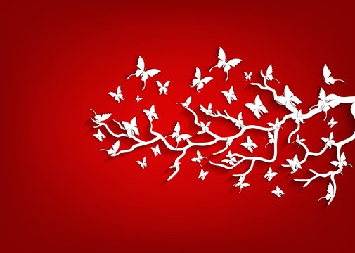 Paper tree and butterflies on red background