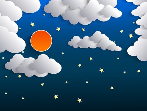 Night background, Moon, Clouds and Stars on dark blue sky