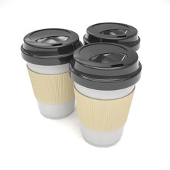 Three paper coffee cups. 3d rendering.
