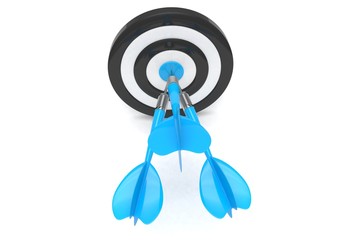 Three arrows darts in center. 3d rendering.