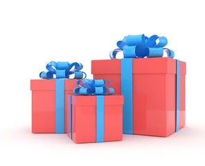 three gift boxes with bows isolated on white. 3d rendering.
