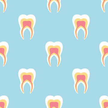 White teeth with roots on a turquoise background. Vector dental seamless pattern.