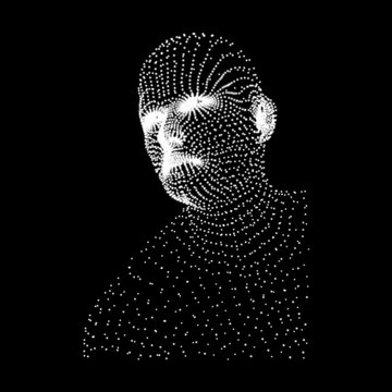 Head of the Person from a 3d Grid. Human Head Model. Face Scanning. View of Human Head. 3D Geometric Face Design. 3d Covering Skin. Geometry Man Portrait. Can be used for Avatar, Science, Technology