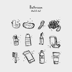 Objects in the bathroom. Set of icons in a sketch style. Vector illustration drawn by hand.