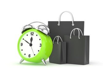 alarm clock and shopping bag (time to buy concept). 3d rendering.