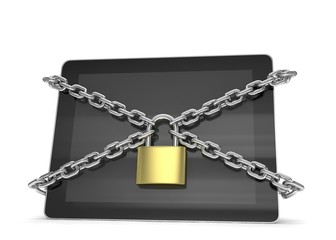 Fototapeta na wymiar tablet PC with chains and lock isolated on white background. 3d rendering.