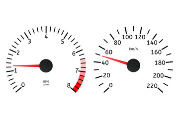 Tachometer and speedometer dial. Dashboard elements.
