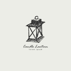 Rustic candle lantern logo in the style of a sketch. The symbol of warmth and comfort.