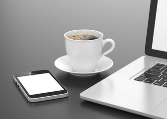 Laptop smartphone and coffee cup on black. 3d rendering.