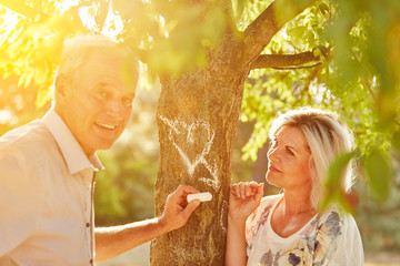 Senioren in Liebe malen Herz an Baum