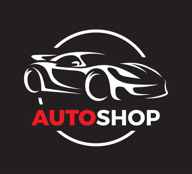 Original auto motor concept design of a super sports vehicle car auto shop logo silhouette on black background. Vector illustration.