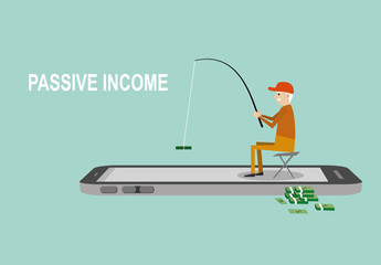 vector flat design of an old man fishing dollar banknote on smartphone screen.passive income investment concept