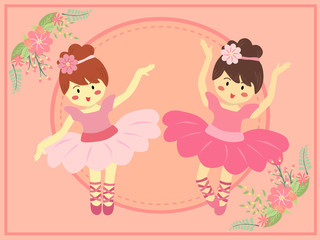 Two ballerina girls with pink dress tutu dancing ballet in pink theme background.