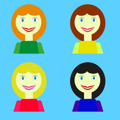   4 girls: blonde, brunette, brown-haired and red-haired, smiling, on blue background, portrait