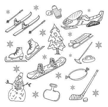 Winter games. Doodle set. Isolated