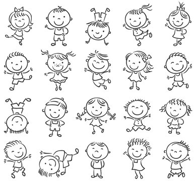 Twenty sketchy happy kids jumping with joy, black and white outline