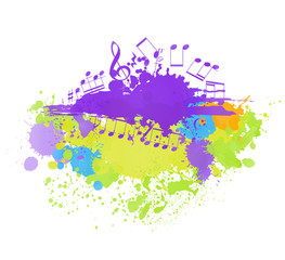 musical notes background with color ink blots