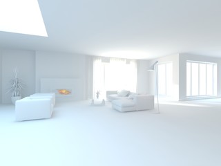 Naklejka na ściany i meble White interior design of living room with colored furniture