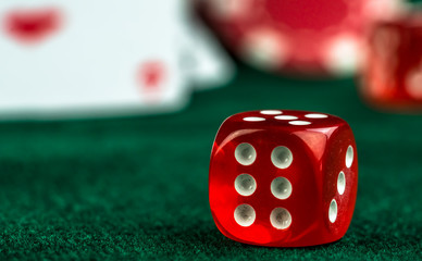 Gambling Red Dice Poker Cards and Money Chips