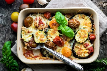 Acrylic prints meal dishes Eggplant,zucchini and tomato with mozzarella in Casserole