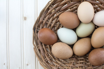 Fresh organic chickeneggs in old dusty basket on wooden backgrou