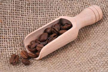 Petite pelle en bois avec des grains de café posée sur de la toile de jute