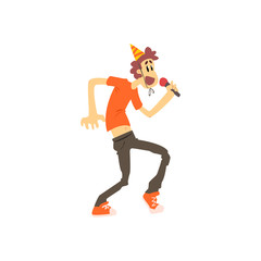 Fototapeta na wymiar Guy In Orange T-shirt Singing Karaoke