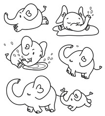 Vector cute elephants cartoons black silhouette isolated.