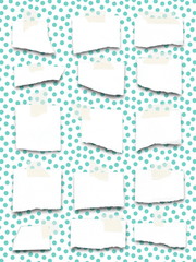 Close-up of multiple blank ripped pieces of paper frames with adhesive tape on aqua dotted illustration background