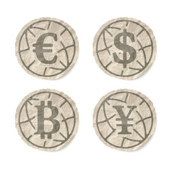 Crumpled slip of papers and a different currency icons