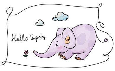 Vector  cute elephant and flower, Hello Spring card.