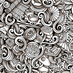 Cartoon hand-drawn doodles of japanese cuisine seamless pattern