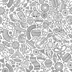 Cartoon hand-drawn latin american, mexican seamless pattern