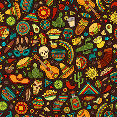 Fototapeta premium Cartoon hand-drawn latin american, mexican seamless pattern