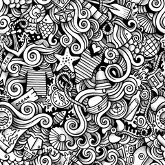 Cartoon hand drawn nautical marine doodles seamless pattern