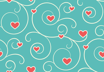 Seamless Festive Love Abstract Pattern with Hearts on Blue Backg