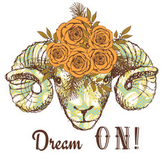 Dream on poster with ram and floral pattern