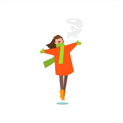 Jumping Girl In Winter Coat