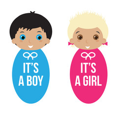 A cartoon vector illustration of a baby boy and baby girl.