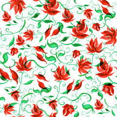 Vintage background pattern of flowers roses, leaves and stems. watercolor