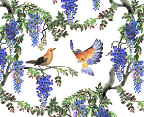 blue wisteria tree and birds