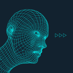 Head of the Person from a 3d Grid. Human Head Wire Model. Human Polygon Head. Face Scanning. View of Human Head. 3D Geometric Face Design. 3d Polygonal Covering Skin. Geometry Polygon Man Portrait.