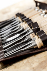 Wood worker's chisel set closeup