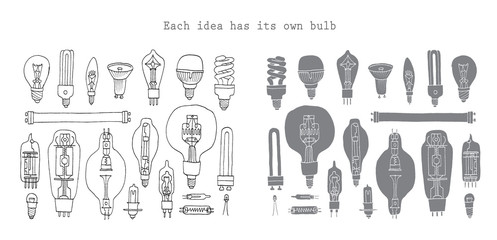 Different light bulb icon collection in doodle style. Isolated. Vector.